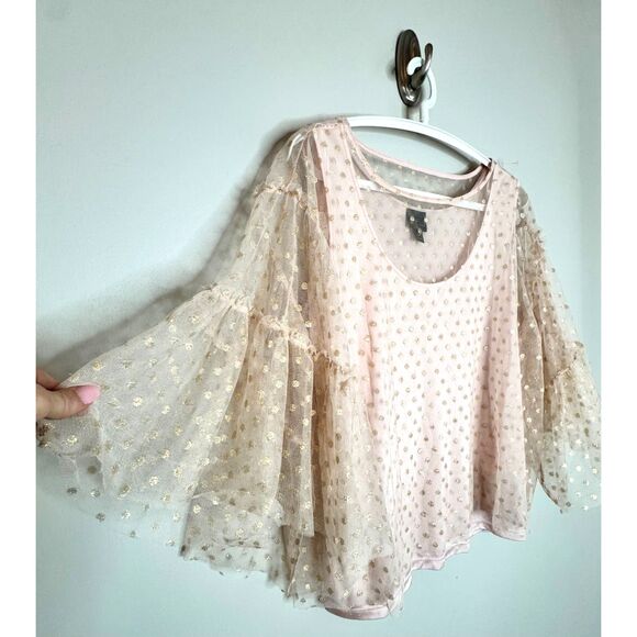 Pink Gold Polka Dot Sheer Bell Sleeve Romantic Fairy Fairycore top L - Picture 3 of 7